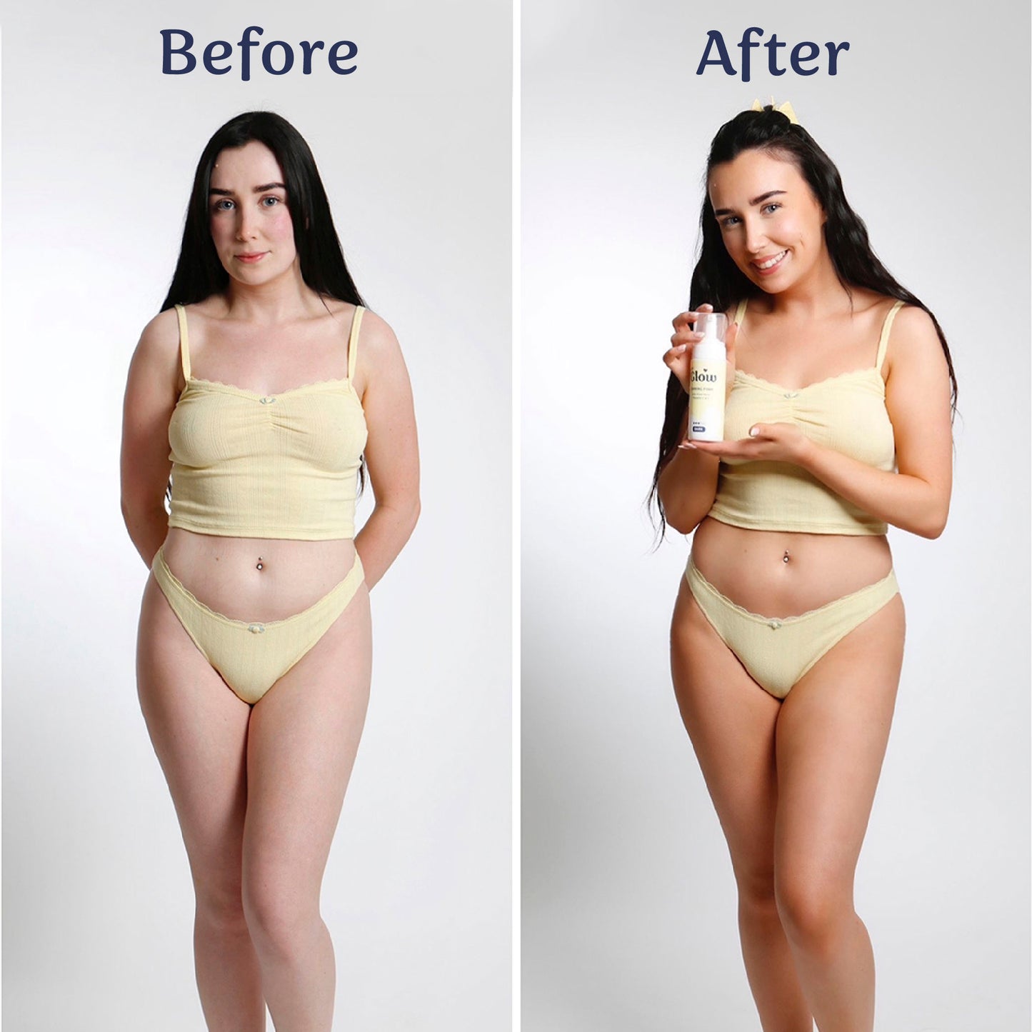 Before and after comparison of a woman holding a bottle of self tan on a plain background.