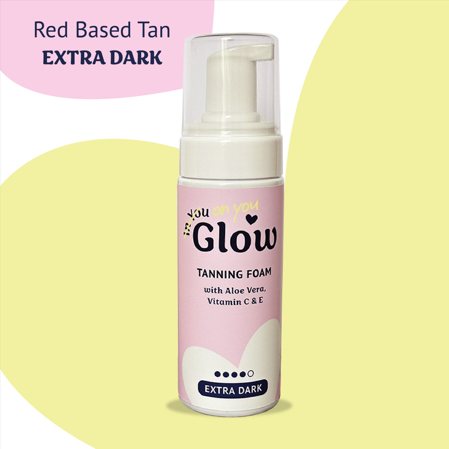 Tanning foam bottle labeled 'Glow' with a pink label on a yellow and pink background