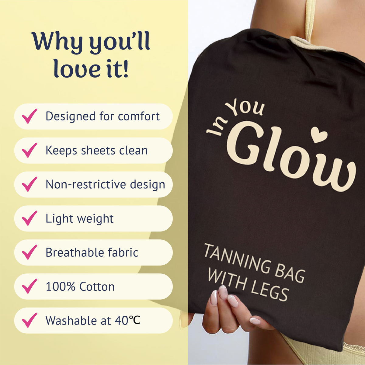 An infographic with a woman holding a darl brown self tan sleeping bag and a list of benefits. In You Glow.