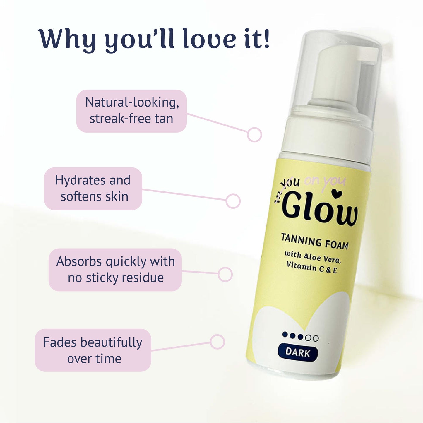Tanning foam bottle with text highlighting its benefits on a white background